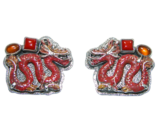 34385 Enameled Red Dragon Coral Hessonite Sterling Silver Earring
