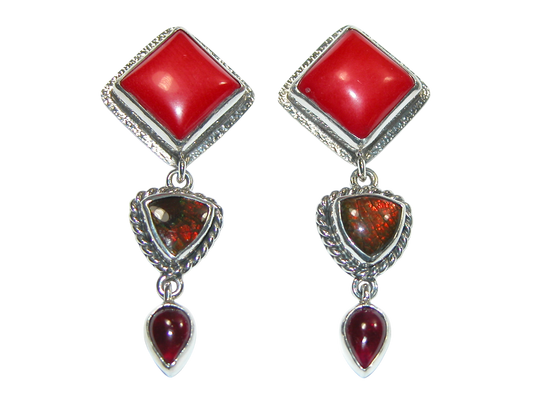 34390 Coral Ammolite Garnet Sterling Silver Dangle Earring