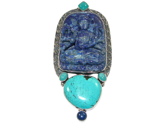 34392 Carved Lapis Turquoise Sterling Silver Pin Pendant