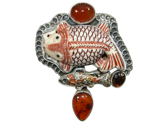 34397 Carved Fish Carnelian Hessonite Sterling Silver Pin Pendant
