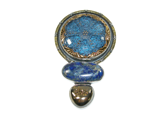 34398 Czech Glass Button, Lapis, Gold-Clad Brazilian Agate, Druzy Pin Pendant