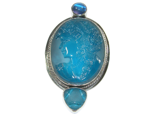 34401 Blue Cameo Moonstone Sterling Silver Pin Pendant