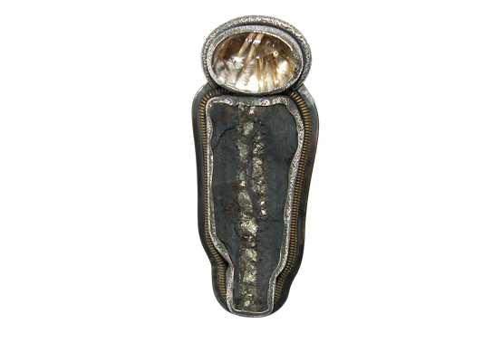34464 Rutilated Crystal Slade Pyrite Pin Pendant