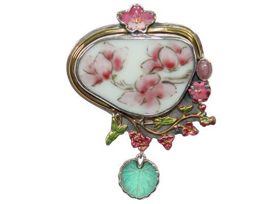 34406 Porcelain Pink Enamel Flowers Sterling Silver Pin Pendant