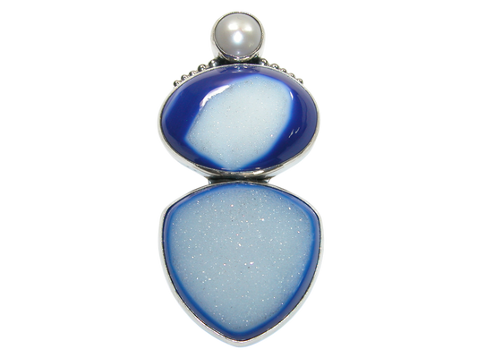 34407 Blue and White Drusy Pearl Sterling Silver Pin Pendant