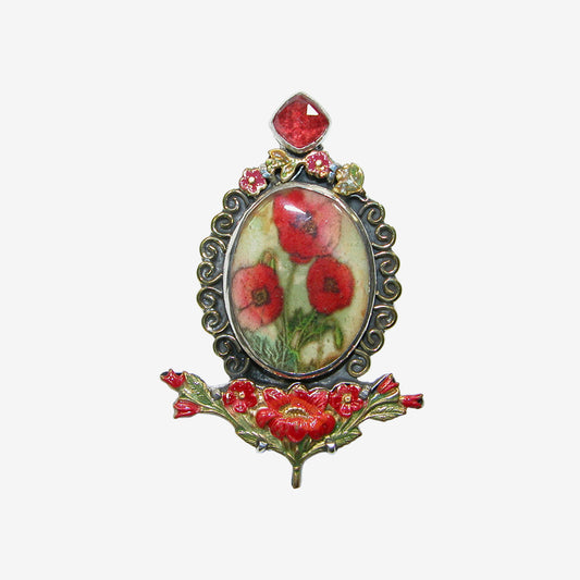 34411A Poppy Handmade Tile, Hand-Enameled Floral Pin / Pendant