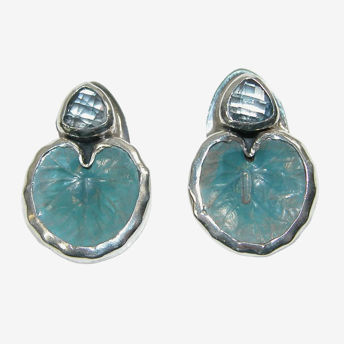 34452A Blue Quartz Lily Pad Leaf Sterling Silver Earrings