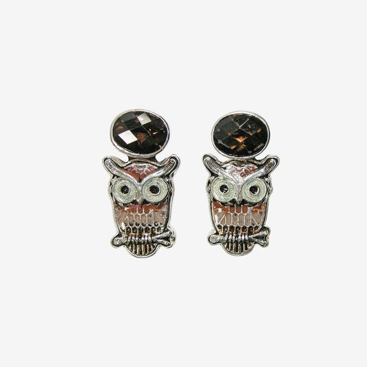 34453 Faceted Smoky Topaz Enamel Owl Sterling Silver Earrings