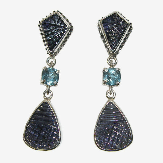 34455 Carved Iolite Blue Topaz Sterling Silver Drop Earrings