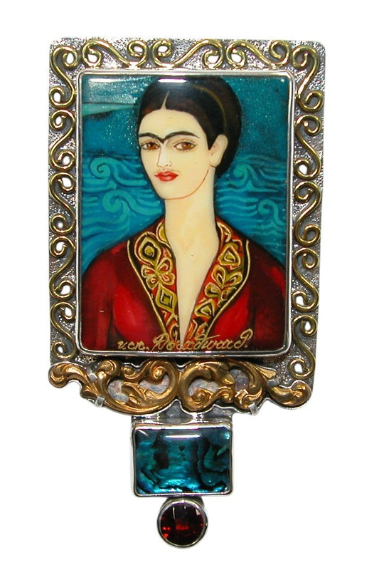 34468 Painted Frida Kahlo on Black Onyx, Abalone, Garnet, Sterling Silver Pin Pendant