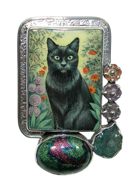 34469 Painted Cat on Black Onyx, Green Agate, Sterling Silver Pin Pendant