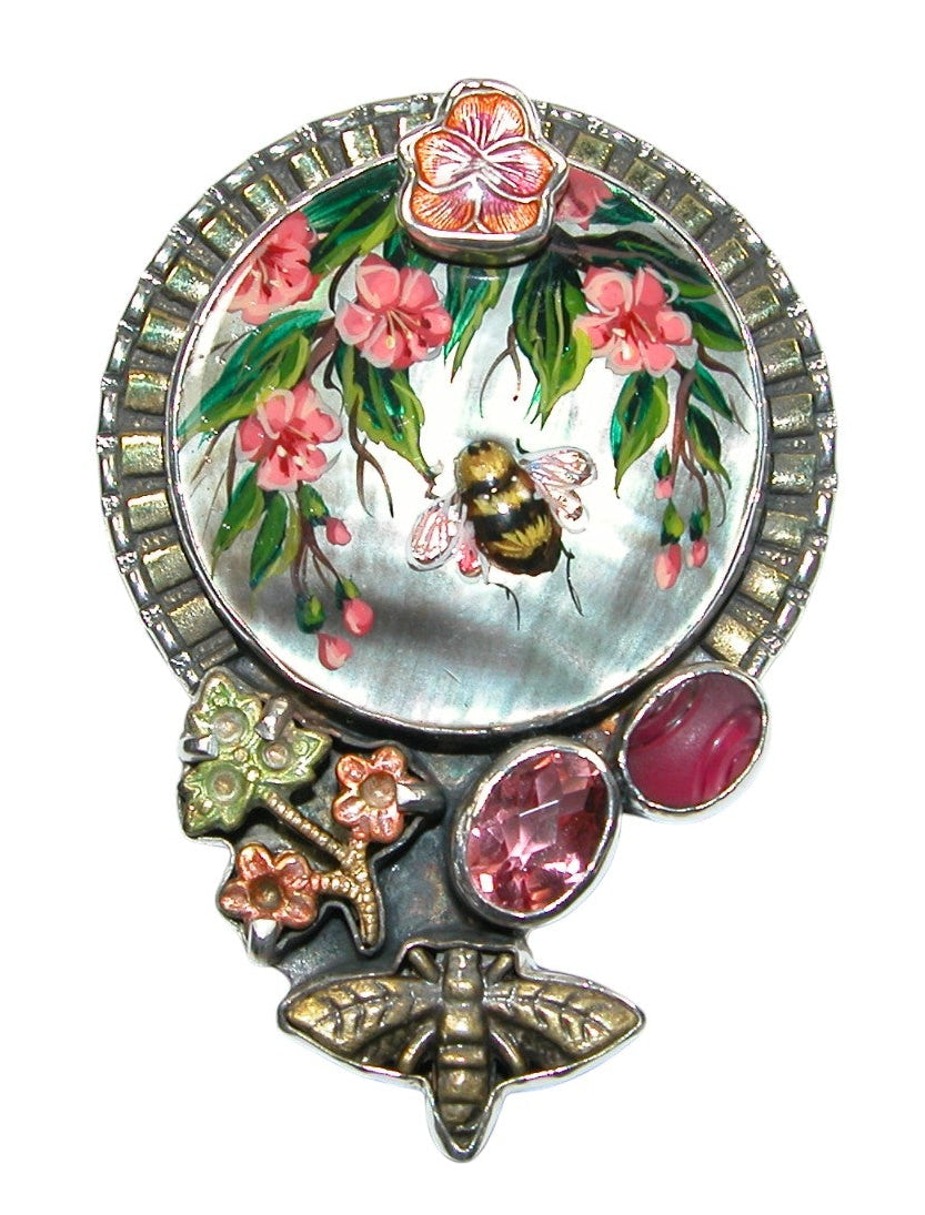 34470 Painted Bee with Flowers on MOP, Celestial Quartz, Sterling Silver Pin Pendant