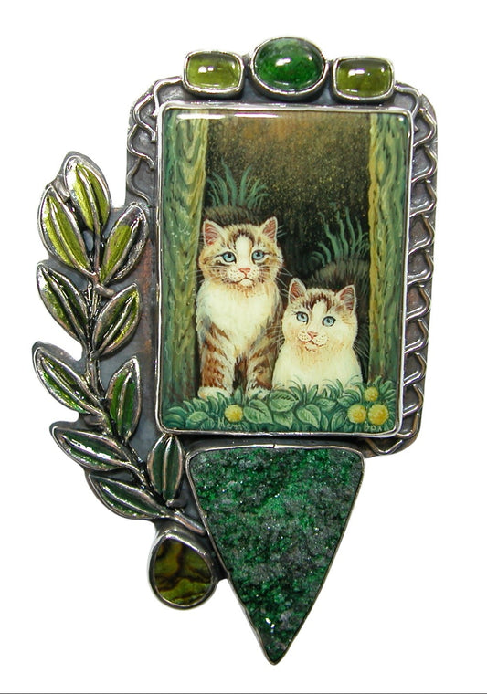 34471 Painted Cats on Black Onyx, Vesuvianite, Druzy, Abalone, Sterling Silver Pin Pendant