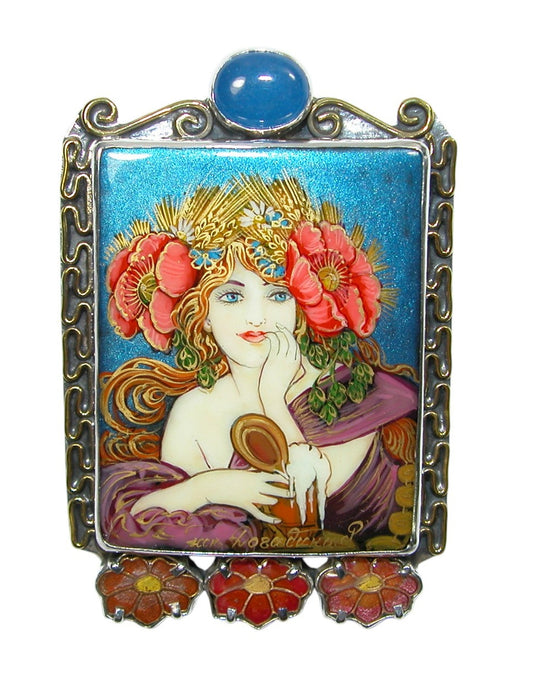 34472 Painted Lady on Black Onyx, Blue Quartz, Enamel, Sterling Silver Pin Pendant