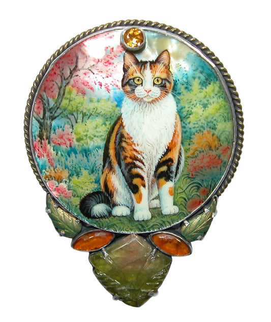34473 Painted Cat on MOP, Tourmaline, Amber, Citrine, Sterling Silver Pin Pendant