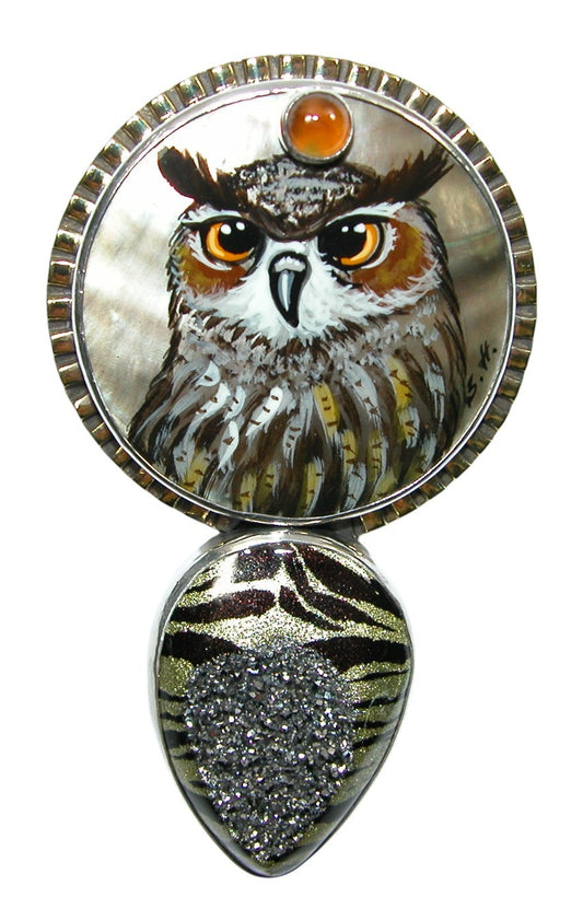 34474 Painted Owl on MOP, Hessonite, Animal Enamel on Druzy, Sterling Silver Pin Pendant