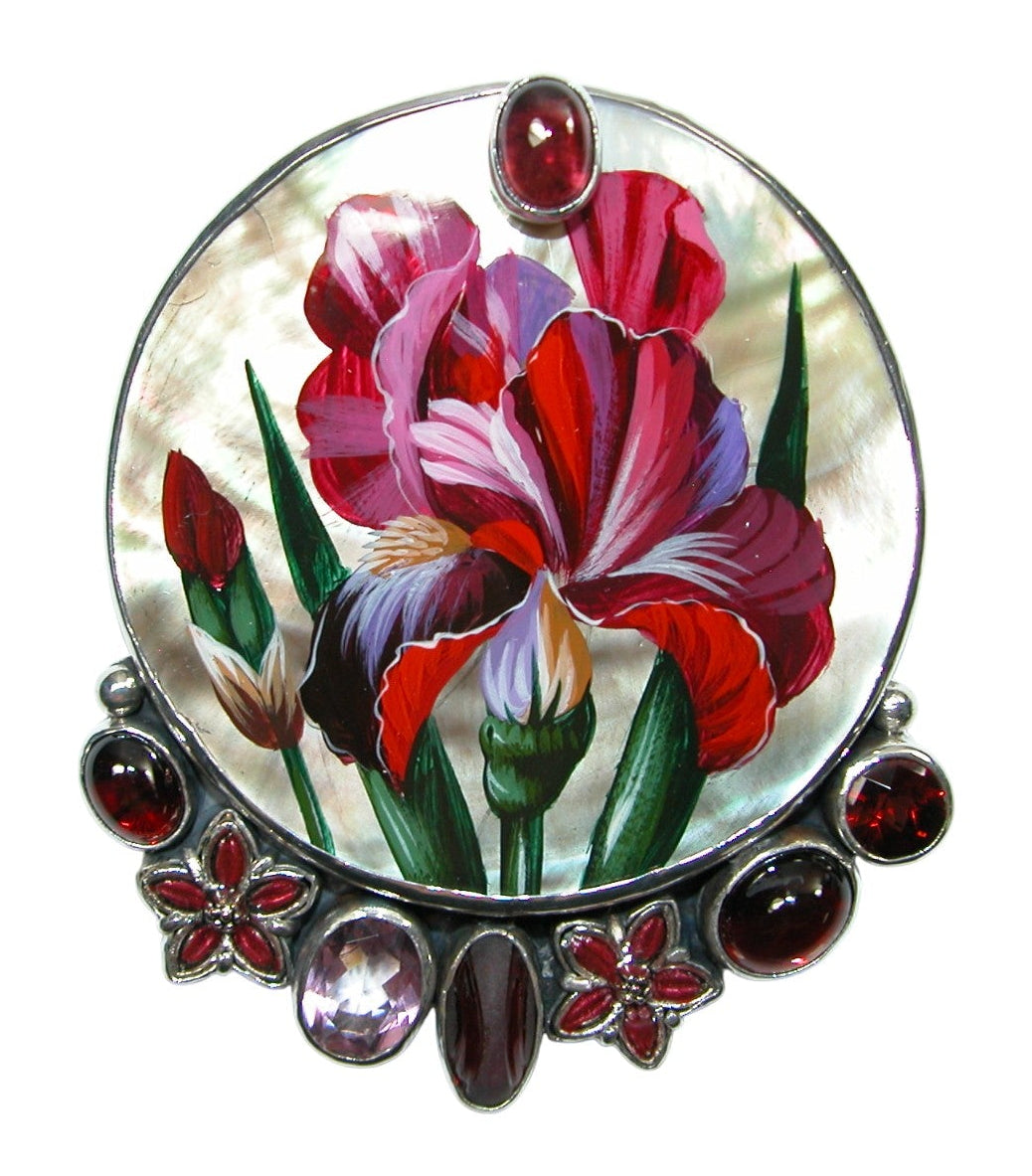 34476 Painted Flowers on MOP, Garnet, Enamel, Sterling Silver Pin Pendant