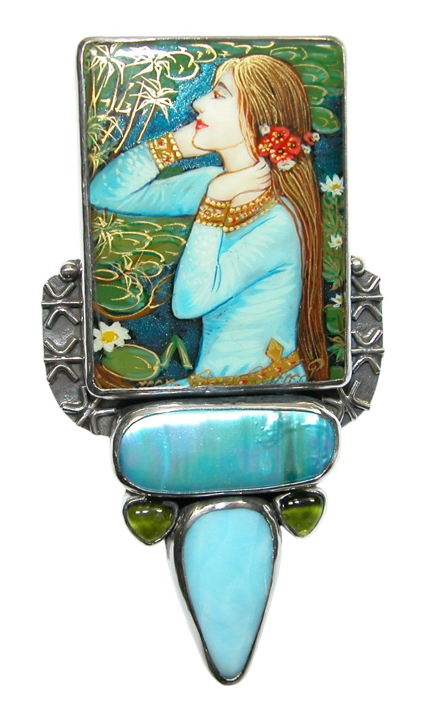 34477 Painted Lady on Black Onyx, FWP, Vesuvianite, Larimar, Sterling Silver Pin Pendant