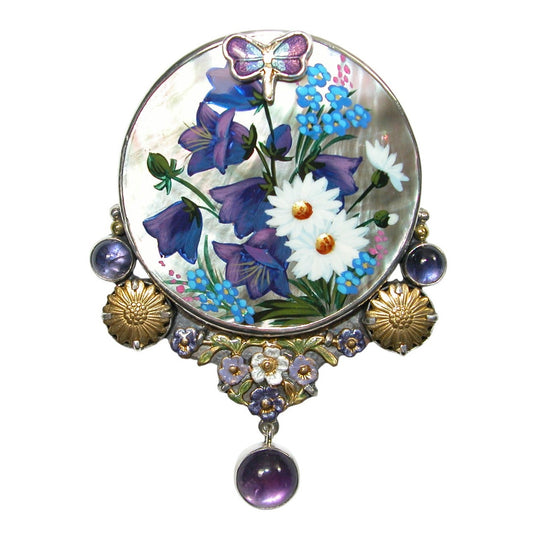 34479 Painted Flowers on MOP, Amethyst, Sterling Silver Pin Pendant
