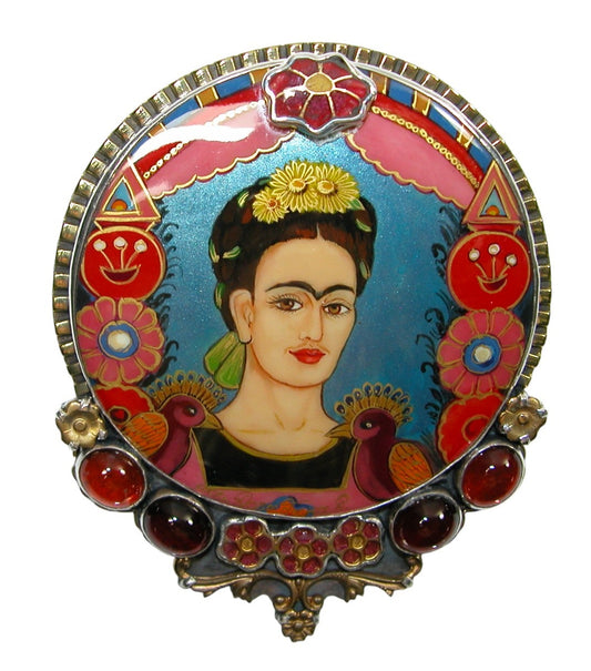 34480 Painted MOP Frida Kahlo, Hessonite, Garnet Sterling Silver Pin Pendant