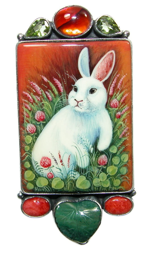 34481 Painted Bunny on Black Onyx, Vesuvianite, Abalone, Sterling Silver Pin Pendant