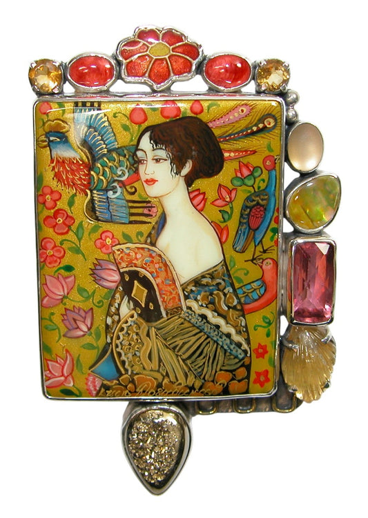 34482 Painted Lady on Black Onyx, Citrine, Coral, Druzy, Sterling Silver Pin Pendant
