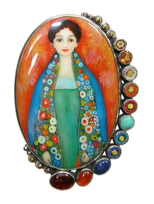 34483 Painted Lady on MOP, Hessonite, Amber, Lapis, Turquoise, Sterling Silver Pin Pendant