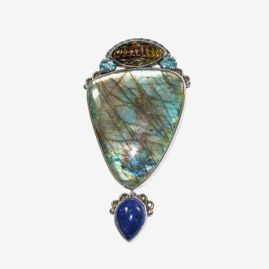 34486 Labradorite Lapis Blue Topaz Sterling Silver Pin / Pendant