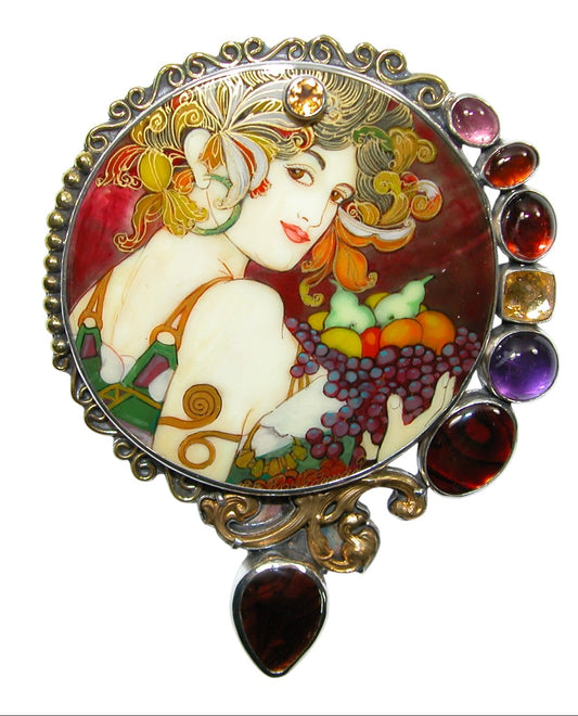 34488 Painted Lady on MOP, Multi Gemstone, Sterling Silver Pin Pendant