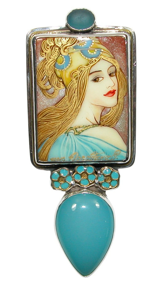34492 Painted Lady on Black Onyx, Amazonite, Sterling Silver Pin Pendant