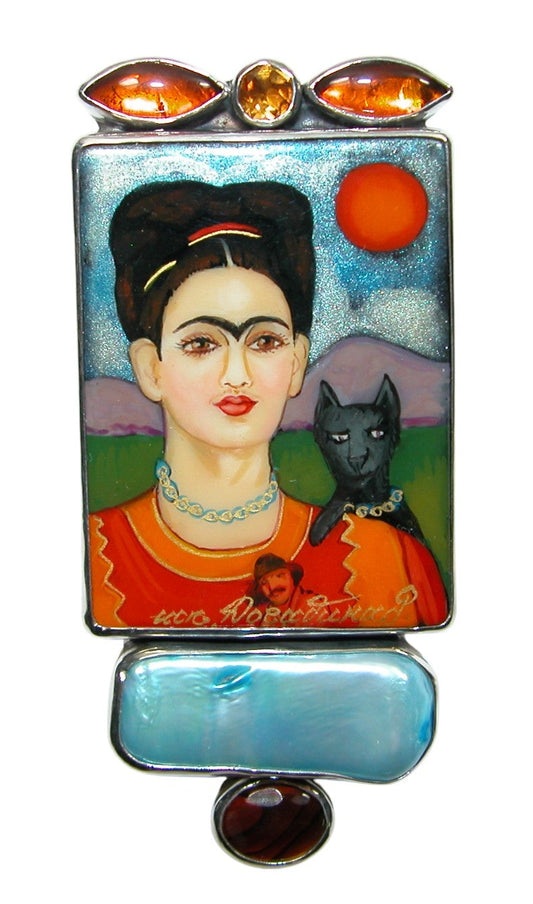 34494 Painted Frida Kahlo on Black Onyx, FWP, Amber, Sterling Silver Pin Pendant