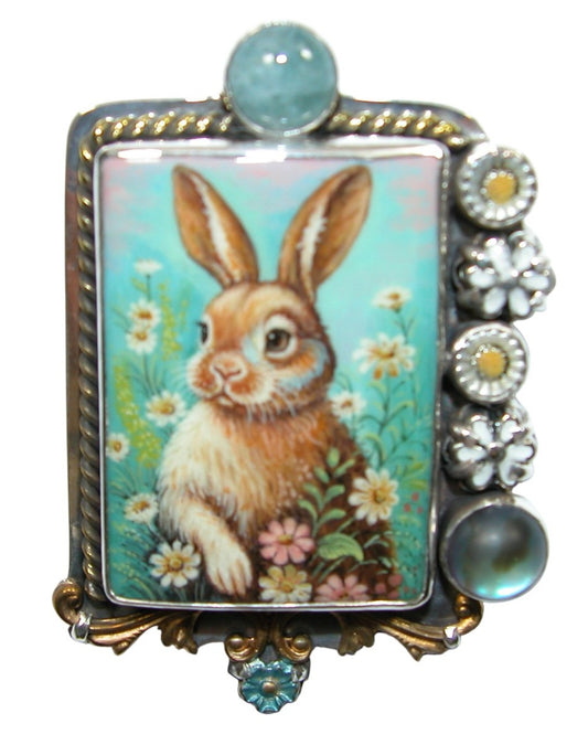 34495 Painted Bunny on Black Onyx, Aquamarine, Sterling Silver Pin Pendant