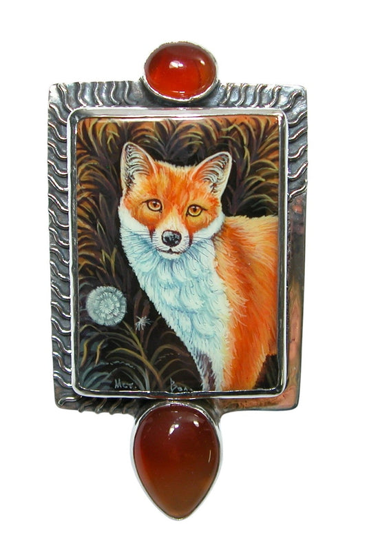 34497 Painted Fox on Black Onyx, Hessonite, Sterling Silver Pin Pendant
