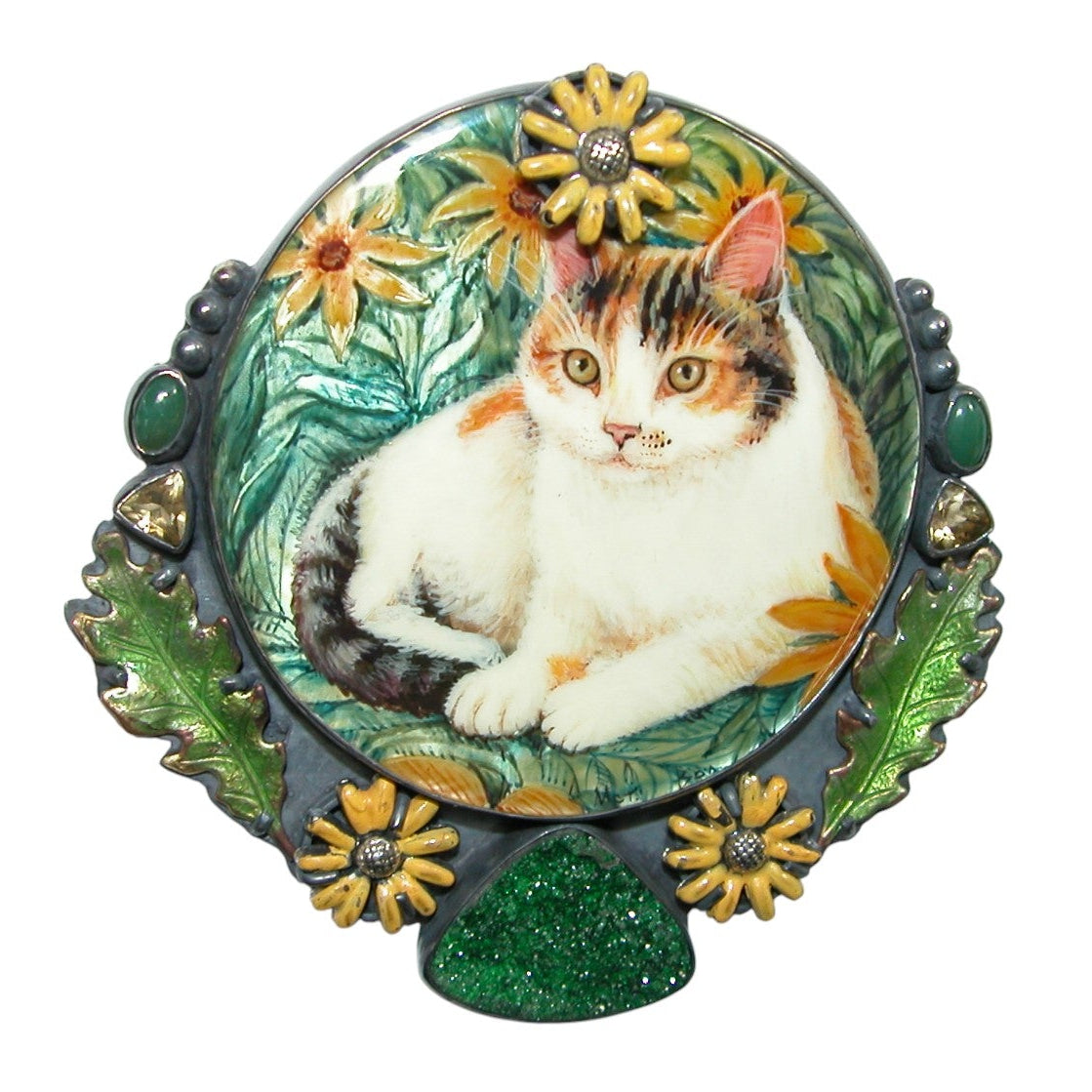 34498 Painted Cat on MOP, Citrine, Druzy, Enamel, Sterling Silver Pin Pendant