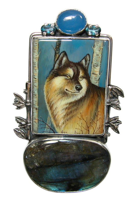 34500 Painted Wolf on Black Onyx, Labradorite, Blue Topaz, Sterling Silver Pin Pendant