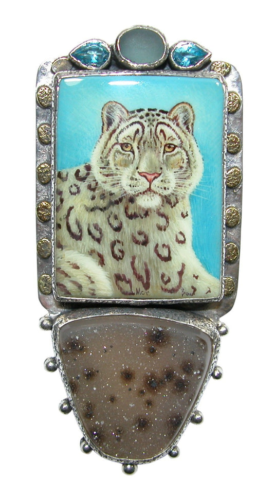 34505 Painted Leopard on Black Onyx, Blue Topaz, Druzy, Sterling Silver Pin Pendant