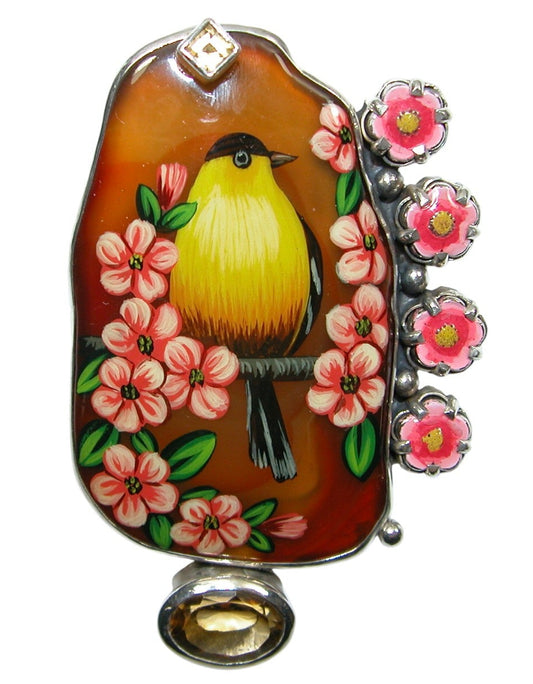 34506 Painted Bird on Agate Sterling Silver Pin Pendant