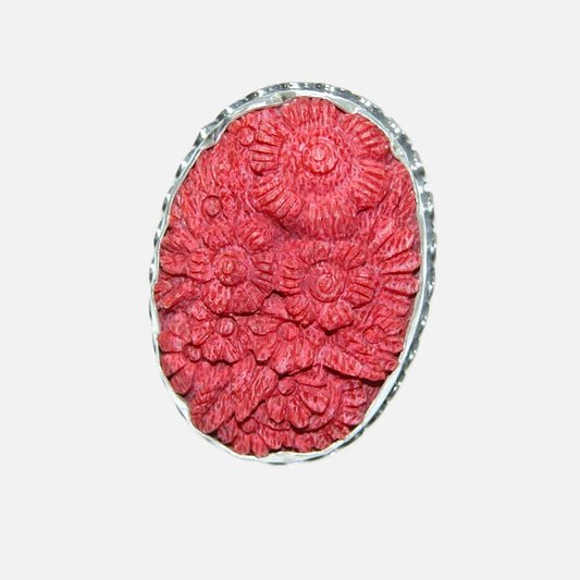 34525 Carved Apple Coral Floral Sterling Silver Ring