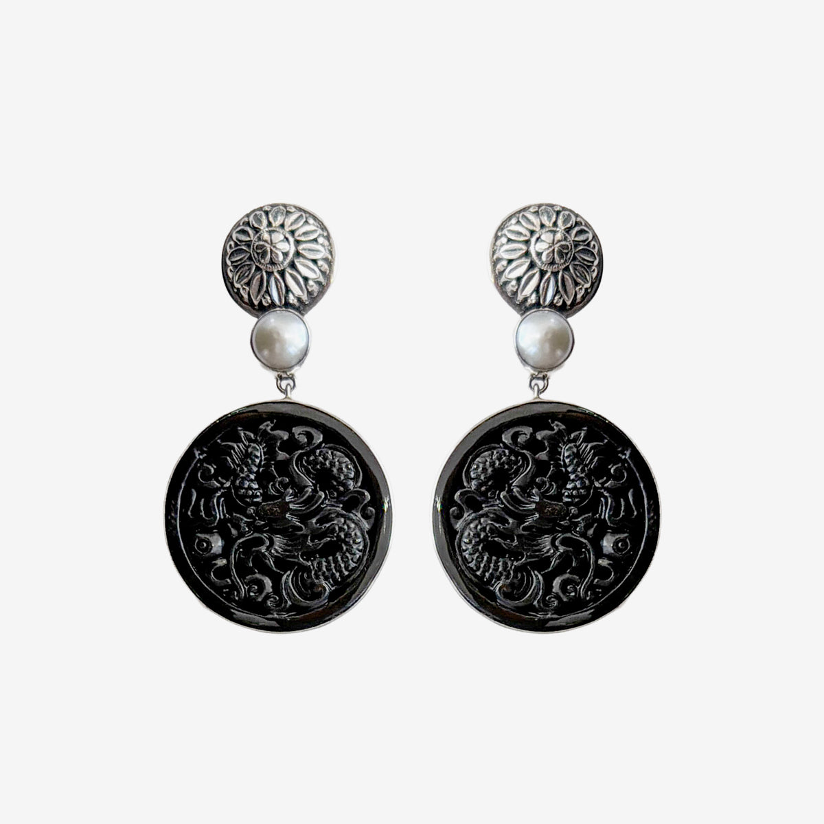 34534B Hand-Carved Black Onyx Dragon, Mother of Pearl Earrings