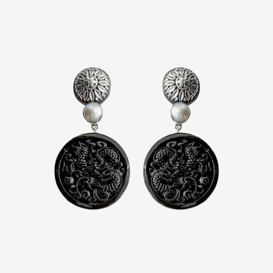 34534B Hand-Carved Black Onyx Dragon, Mother of Pearl Earrings