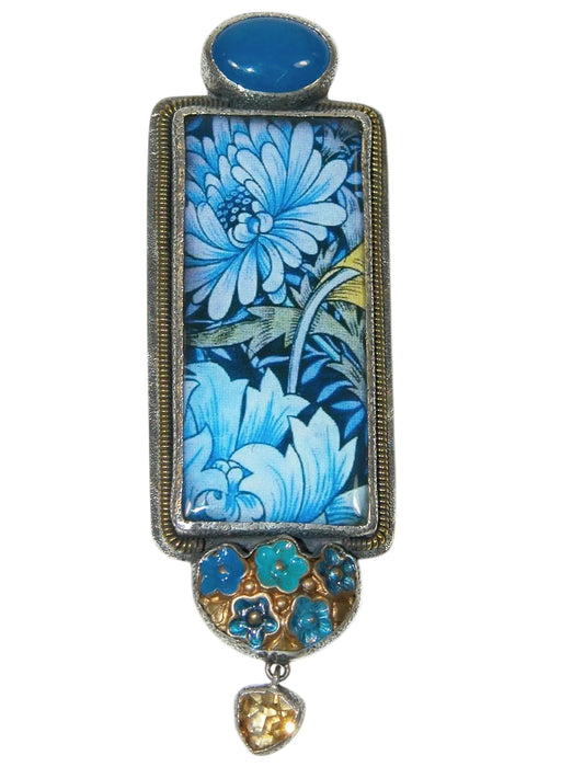 36992 Handmade Tile, Agate, Citrine, Enamel and Sterling Silver Pin/Pendant