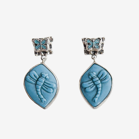 37004 Hand-Carved Agate Dragonfly, Enameled Butterfly Earrings