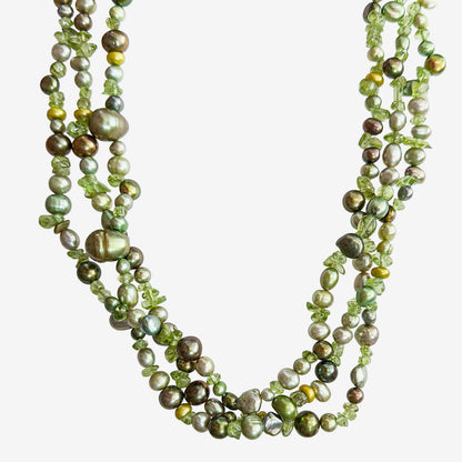 37007 Three-Strand Freshwater Pearl, Peridot Beaded Necklace