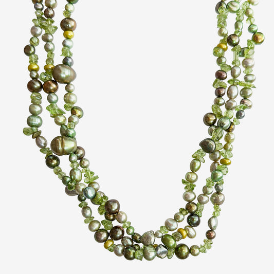 37007 Three-Strand Freshwater Pearl, Peridot Beaded Necklace