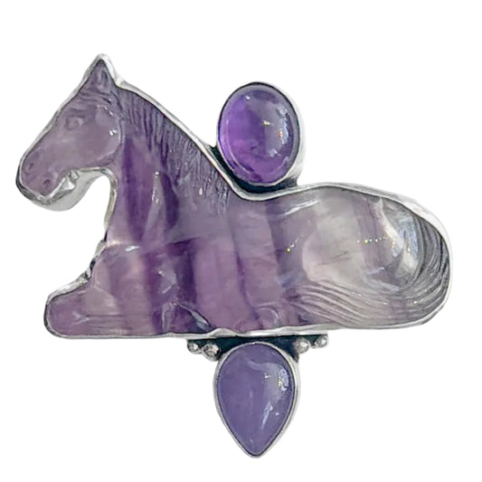37025 Hand-Carved Fluorite Horse, Amethyst, Purple Agate Pin / Pendant