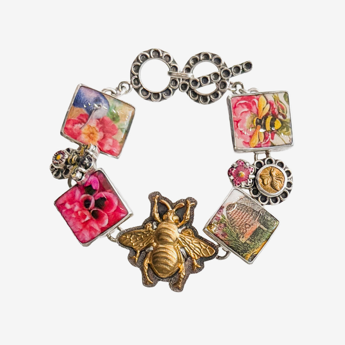 37026 Handmade Tile, Hand-Enameled Floral, Bee Bracelet