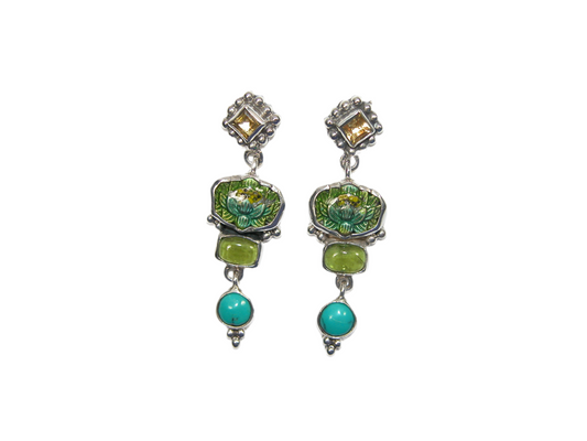 33394 Citrine, Turquoise, Vesuvianite, Enamel Sterling Silver Earrings