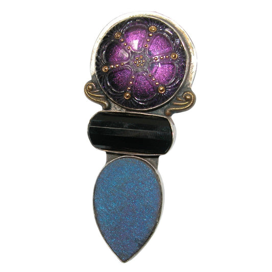 Czech Button, Black Onyx, Drusy Sterling Silver Pin and Pendant