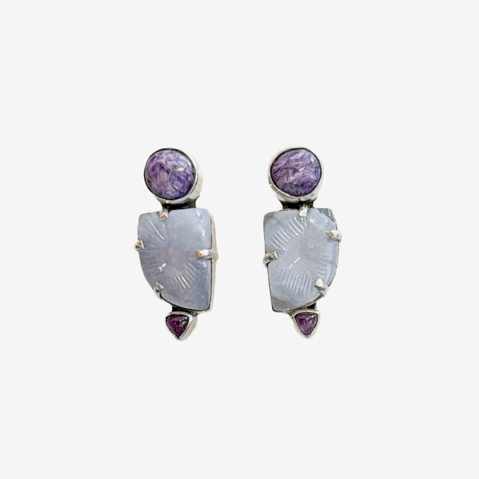 39563 Chalcedony, Charoite, Amethyst Earrings