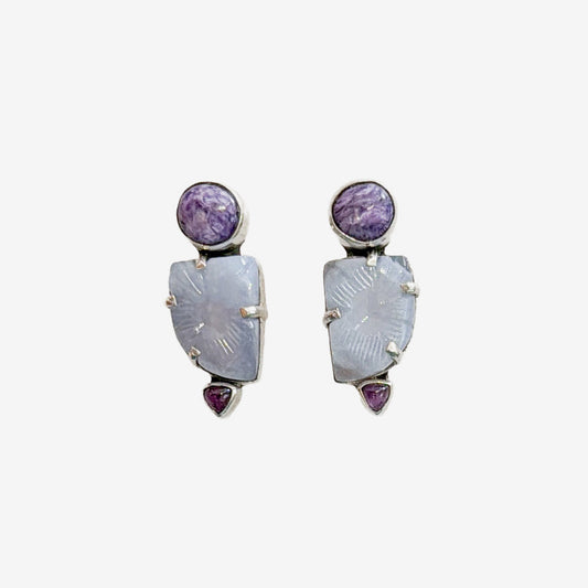 39563 Chalcedony, Charoite, Amethyst Earrings